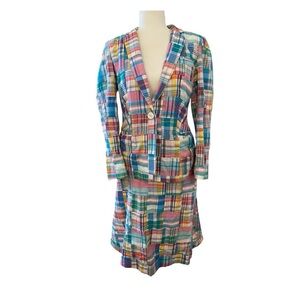 The J. Peterman Co. Plaid Cotton Blazer Skirt Set Size 8 Vintage Preppy 90s Pink